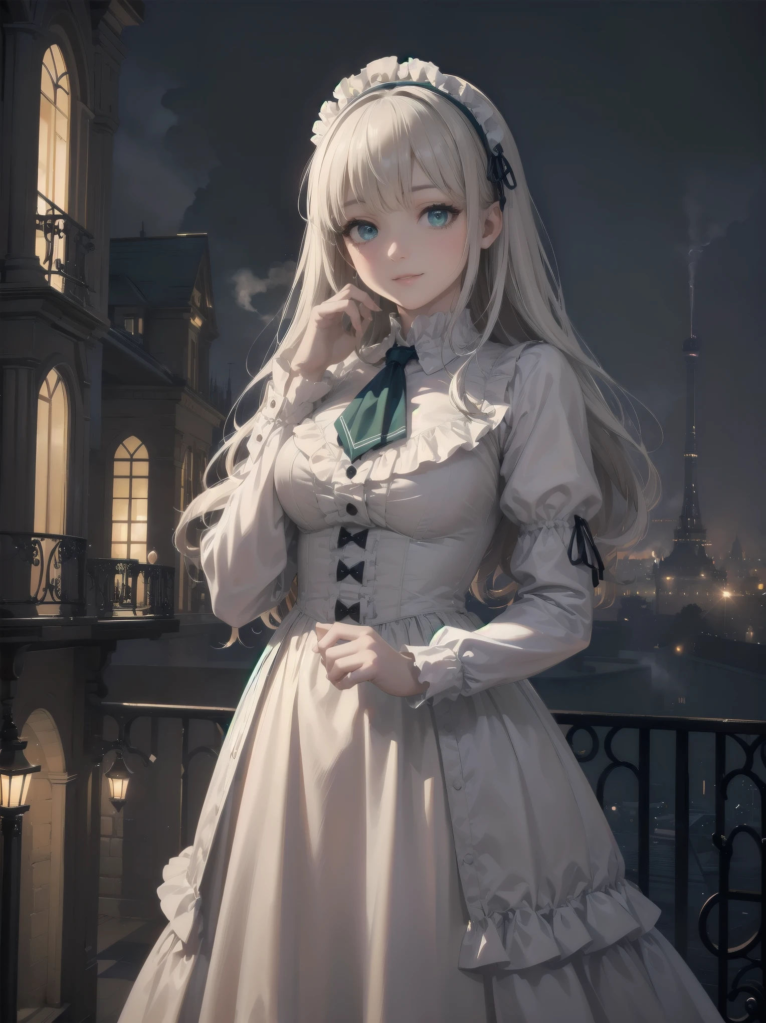 (Highest quality、16K、masterpiece、Ultra-high resolution、Victorian era、Photorealistic:1.2)、A delicate Lolita girl, , stands on a castle balcony at dusk, surrounded by the city's skyline and steampunk contraptions. Her platinum hair is messy, framing her androgynous charm. She wears a flowing white dress with a light green tie and holds a pocket watch in hand. A subtle smile plays on her lips as she gazes out at the night view, her eyes shining like sapphires. The air is filled with steam spewing from pipes, adding to the surreal atmosphere. Her skin glows with an ultra-dense texture, and her fingers are full and detailed.
