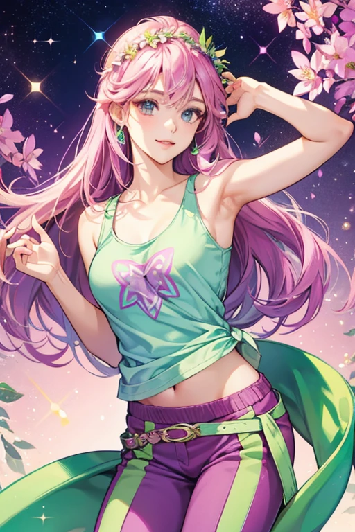 She has a tank top with a purple virgo sign on it and green pants with leaves. She also comes with a flower crown with One purple, one pink, one green and two blue. SPARKLE; GLITTER