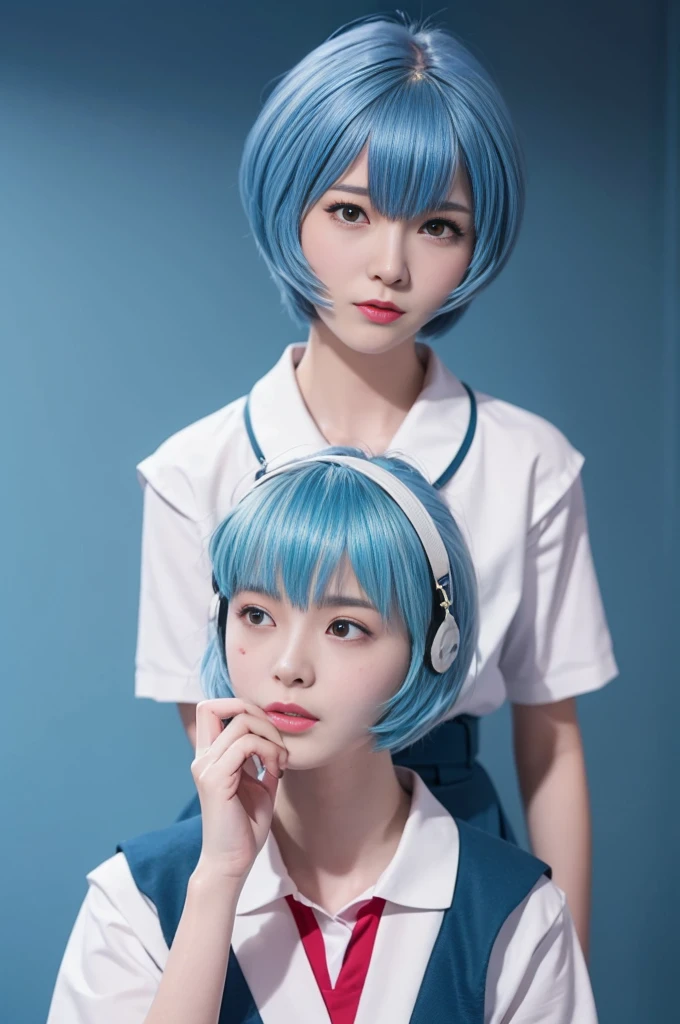 (Highest quality, High resolution, Tabletop:1.2), One Girl, ayanamirei, Bobcut, high school girl,uniform,Upper Body View、Interface Headset, background, Light blue hair color, Expressionless, Apply blush all over the face, Embarrassing, View your viewers