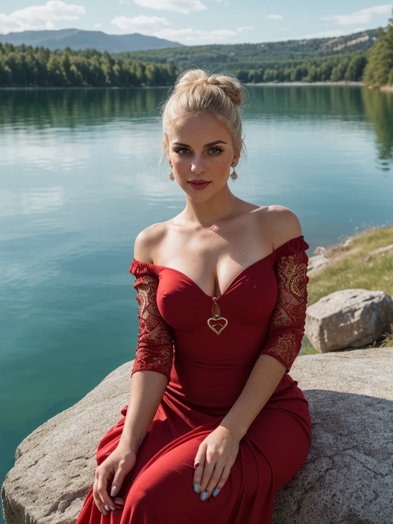 solo, photorealistic, wide shot, best quality, hyper detailed, 25 years old Circasssian woman, mature-looking face, boobies, high detailed deep wrinkles, beauty mark, intricate, messy bun blonde, Circassian facial features, (((a beautiful girl in a red long dress, she sits seductively on a rock high above the lake in the afternoon. Against the background of the blue sky and the lake in the shape of a heart)))