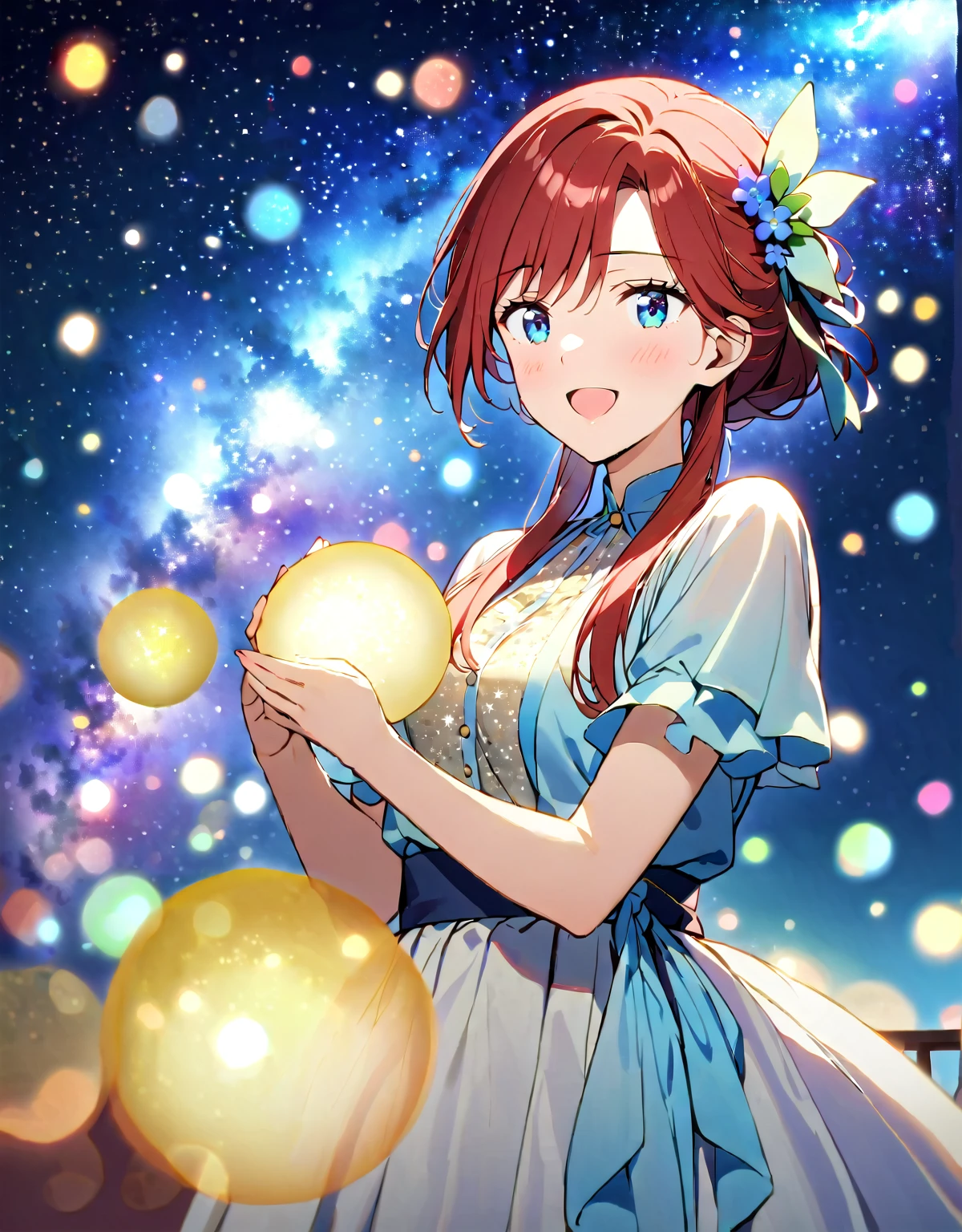 1 Girl. Old-fashioned smile. flowerびら.  __flower__. four seasons. Bokeh. 
Nice body,  beautiful 肌. oily 肌. Very delicate and beautiful. Very detailed. Clear Eyes. Red hair light shines. Mysterious atmosphere. Hair accessories with attention to detail、Hair is tied））、((Amazing starry sky、))、Clothing Blue Robe ((後ろに美しいflower畑))
 