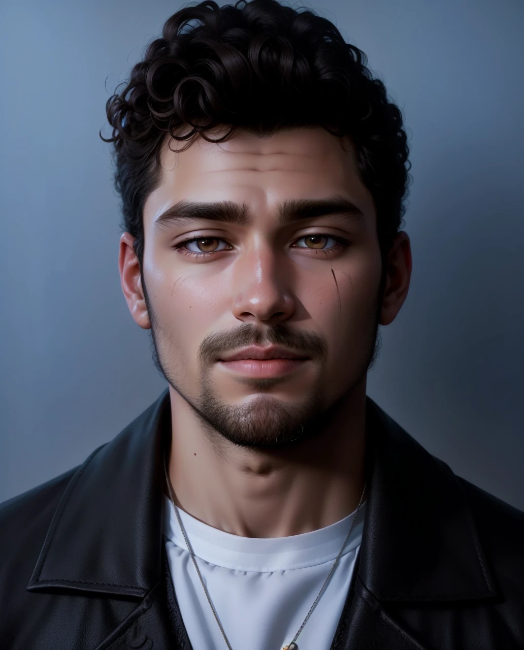 RAW photo, a (potrait:1.2) of a very handsome male, with curly hair (high detailed skin:1.2), 8k uhd, dslr, soft lighting, high quality, film grain, Fujifilm XT3