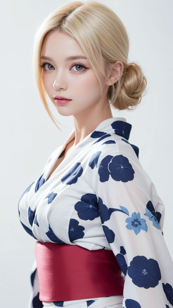 (((forehead、White Blonde Hair、Northern Europe、White people、beautiful girl、Blonde、White background、yukata、Chignon)))、table top, highest quality, figure, super detailed, finely, High resolution, 8k wallpaper, Perfect dynamic composition, detailed and beautiful eyes, Deco out,bionde, medium hair, big breasts, Natural color lip,white background, random cute poses,frill dress