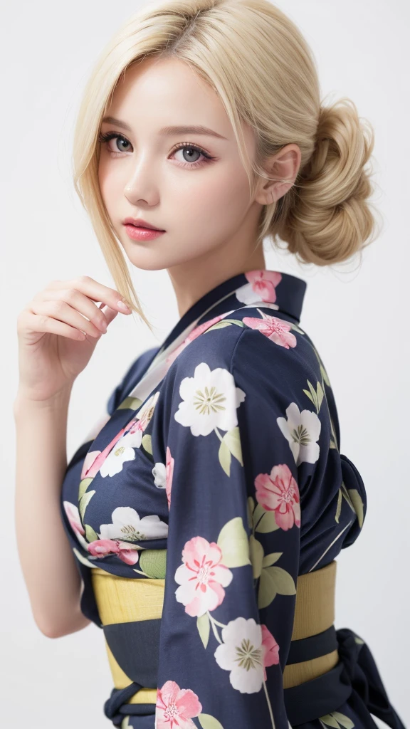 (((forehead、White Blonde Hair、Northern Europe、White people、beautiful girl、Blonde、White background、yukata、Chignon)))、table top, highest quality, figure, super detailed, finely, High resolution, 8k wallpaper, Perfect dynamic composition, detailed and beautiful eyes, Deco out,bionde, medium hair, big breasts, Natural color lip,white background, random cute poses,frill dress