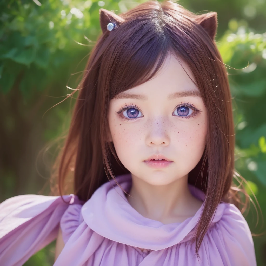 Create a fairy character with violet eyes and short red hair with freckles on her face