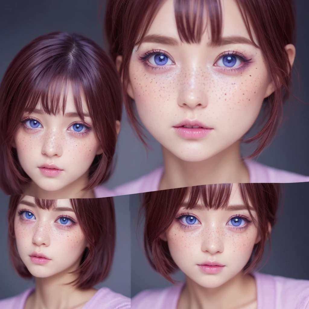 Create a fairy character with violet eyes and short red hair with freckles on her face