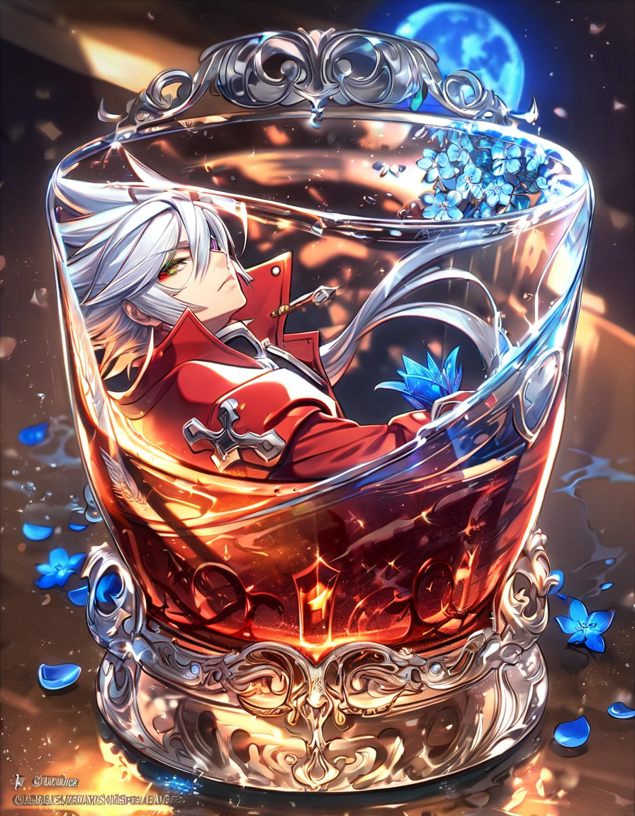 absurdres, highres, ultra detailed, HDR, master piece, best quality, extremely detailed, Ragna The Blood Edge, white hair, heterochromia, right eye red, left eye green, Blazblue, solo, sexy man, handsome, red coat, magical, fantasy, glittering, sparkling, glass, blue flowers, blue petals, water, blue moon