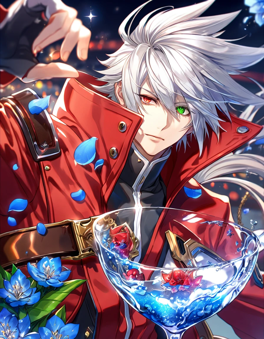 absurdres, highres, ultra detailed, HDR, master piece, best quality, extremely detailed, Ragna The Blood Edge, white hair, heterochromia, right eye red, left eye green, Blazblue, solo, sexy man, handsome, red coat, magical, fantasy, glittering, sparkling, glass, blue flowers, blue petals, water, blue moon