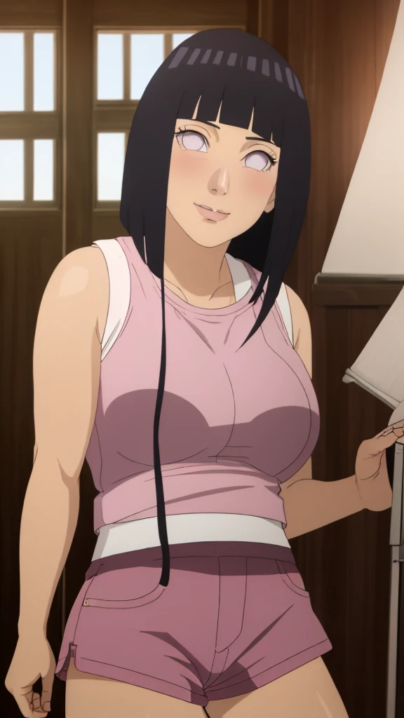 Masterpiece, Hinata\(Boruto\), 1 girl, alone,mature woman, (wearing mini tanktop & mini hotpants:1.25),  outdoor, look at viewer, (petals falling), The sky is cloudy, laundry-ing, perfect composition, details lips, big breast, Beautiful face, body proportions, Blush, (pink lips), long hair,  purple eyes,  soft stare, sad smile,  Very realistic, details, photography, accurate faces and bodies, stay-at-home wife, lonely wife x burly black granpa, 