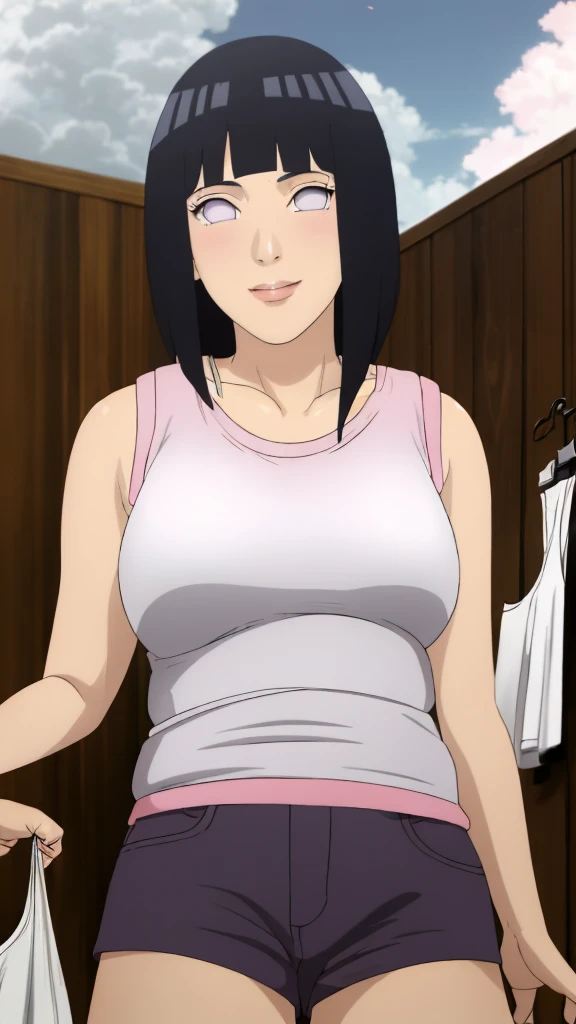 Hiding her breast with her hands,no bra, short jeans,sexy,big