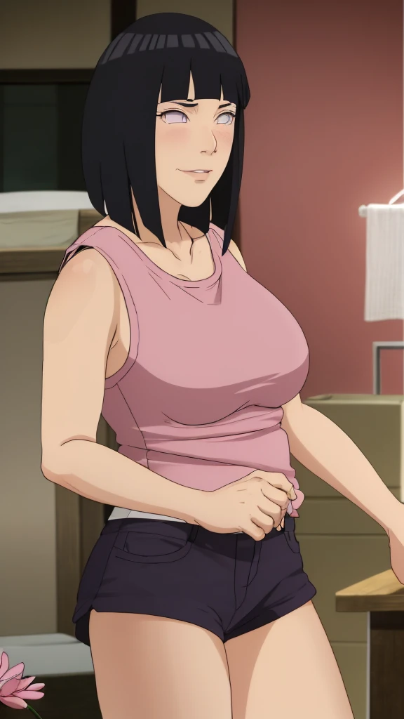 Masterpiece, Hinata\(Boruto\), 1 girl, alone,mature woman, (wearing mini tanktop & mini hotpants:1.25),  outdoor, look at viewer, (petals falling), The sky is cloudy, laundry-ing, perfect composition, details lips, big breast, Beautiful face, body proportions, Blush, (pink lips), long hair,  purple eyes,  soft stare, sad smile,  Very realistic, details, photography, accurate faces and bodies, stay-at-home wife, lonely wife x burly black granpa, 