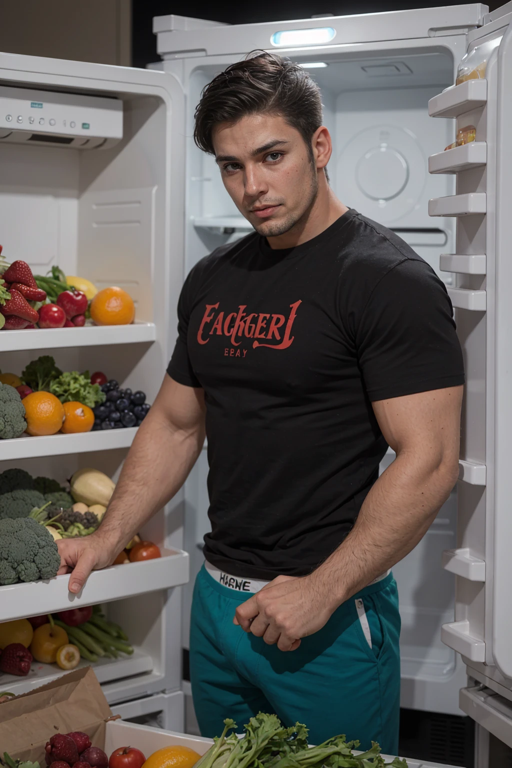 Real image of muscular and hairy man, short black hair, short beard, no shirt, wearing black and turquoise boxers, opening a refrigerator full of food, fruits and vegetables. it is night time. 