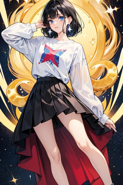 She has black hair, blue eyes and silver earrings. She has a shirt that says " What?! is your star sign" on it and a skirt with the scorpio sign on it. She has red shoes. SPARKLE; GLITTER