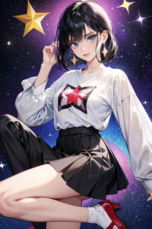 She has black hair, blue eyes and silver earrings. She has a shirt that says " What?! is your star sign" on it and a skirt with the scorpio sign on it. She has red shoes. SPARKLE; GLITTER