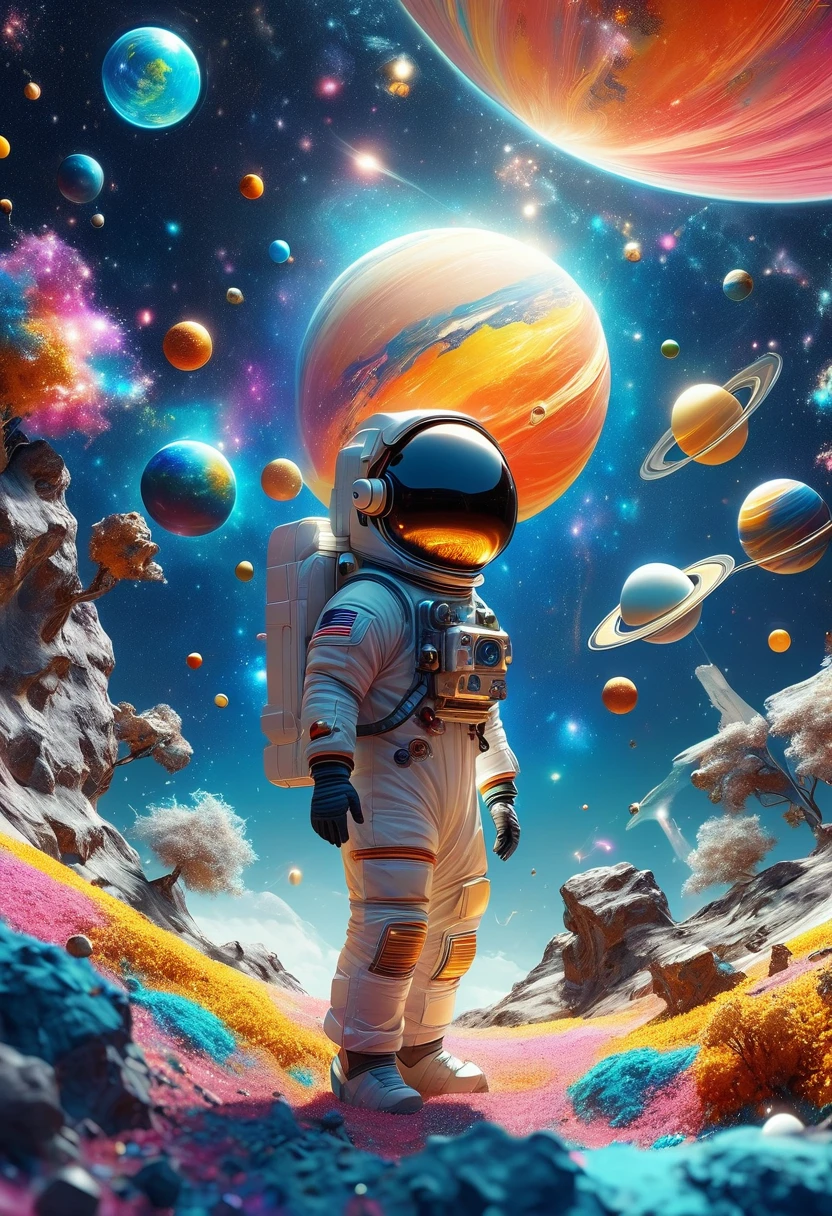 A 3d illustration of things such as a universe, astronaut, spaceship,planet, in the style of lively illustrations, childlike figures, hallyu, ad posters, use of bright colors, earthworks, soft color fields light-filled scenes