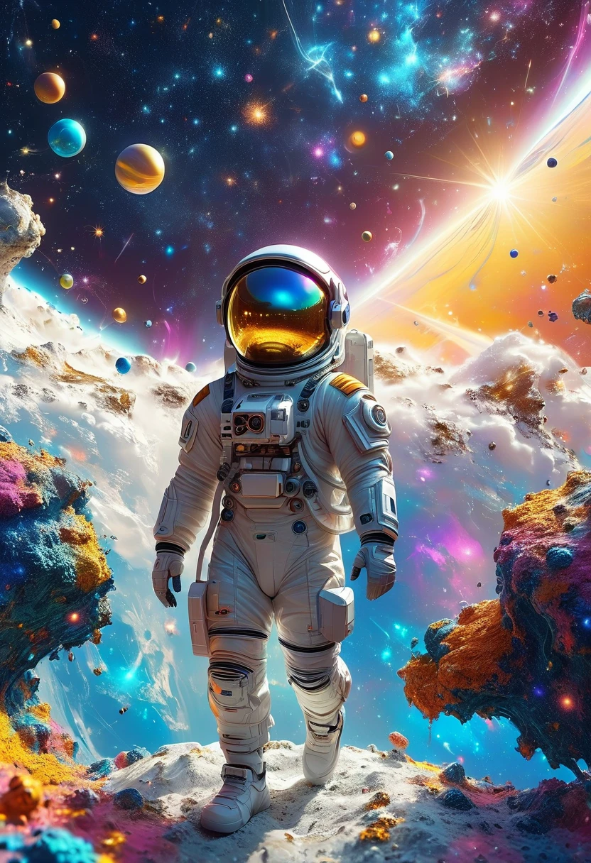 A 3d illustration of things such as a universe, astronaut, spaceship,planet, in the style of lively illustrations, childlike figures, hallyu, ad posters, use of bright colors, earthworks, soft color fields light-filled scenes