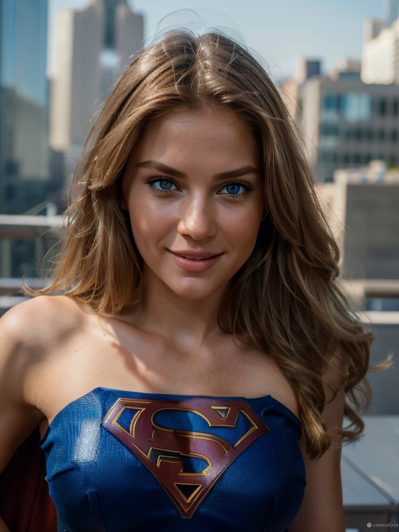 1 girl ((Dressed as a supergirl)) beautiful pretty supermodel, Realistic (blue eyes), (She is smiling: 1.1), perfect face, split lips, (Best quality, 8k, Masterpiece: 1.3), perfect hands, focus clear: 1.2, perfect body beauty: 1.4, slim abdomen: 1.2, highly detailed face and skin texture, detailed eyes, standing dynamic pose, (on a terrace on top of a building) attractive pose, highly detailed, 28 years old, Innocent face, natural blonde straight hair, blue eyes, high resolution, artwork, best quality, high and intricate details, highly detailed, sharp focus, detailed skin, realistic skin texture, texture, detailed eyes, Professional, 4K, smile enchanting, shot in canon, 85mm, shallow depth of field, kodak vision color, perfect fit to the body, extremely detailed, photography_\(ultra\), photorealistic, realistic, Post-processing, maximum detail, roughness, Real life, ultra realistic, photorealism, photography, 8k hd, photography,Supergirl
