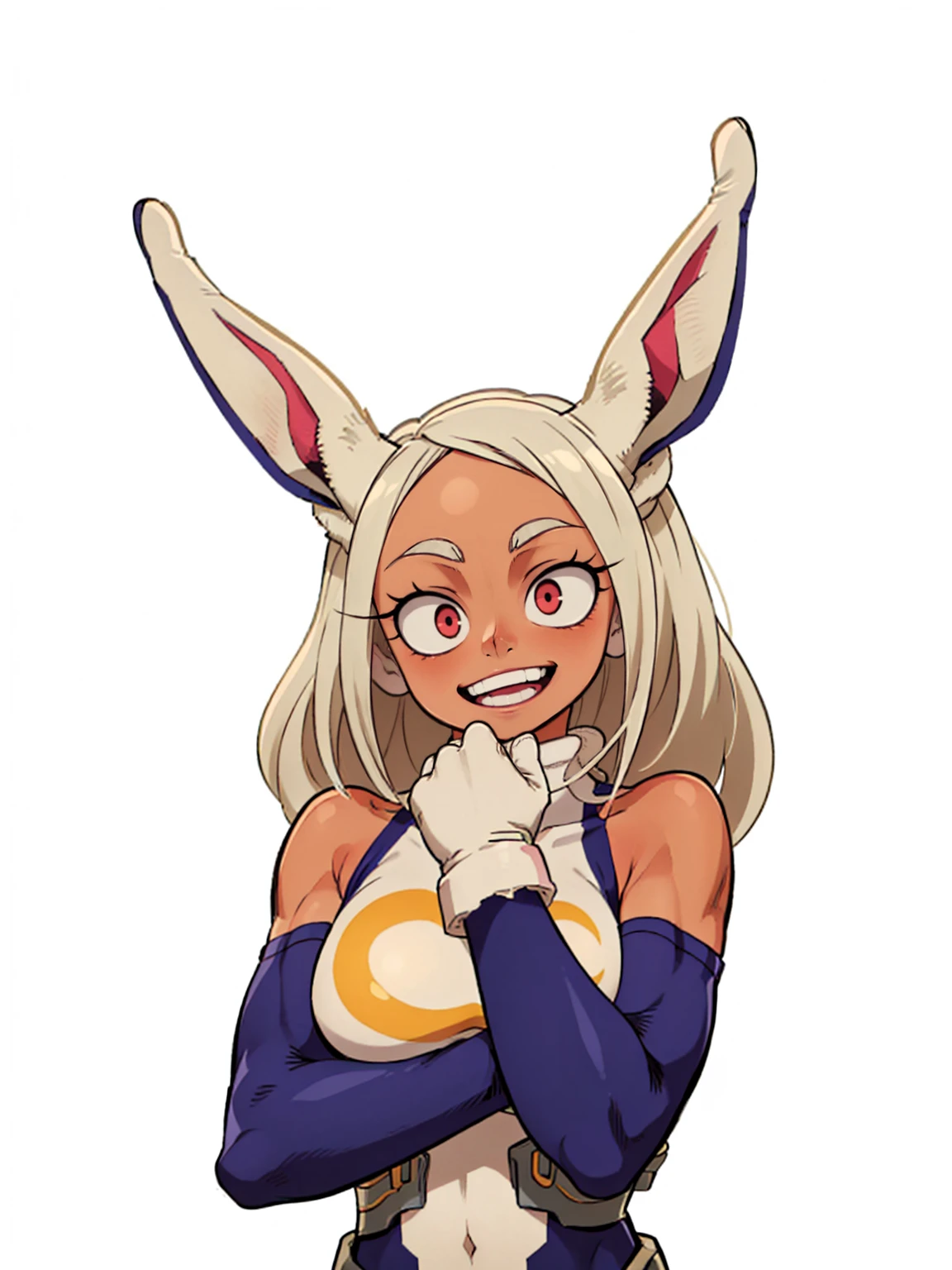 ((mirko, dark_skin, leotard, rabbit_girl, kneehighs, red_eyes, white background)), upper body, crazy big smile, same as original, anatomically correct, fixed hand, hand on chin