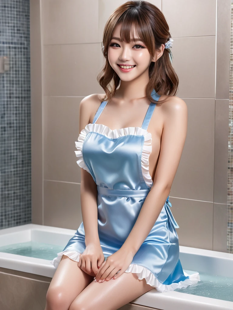 product quality, 1girl, full body shot, front view, a Japanese young pretty girl, shoulder length hair, wearing only a silky satin light blue apron with white frills over her naked body with a big smile, sitting in a luxury shower room, glamorous figure, wet hair, wet body, busty, hyper cute face, glossy lips, double eyelids in both eyes, natural makeup, long eyelashes, shiny smooth light brown hair, asymmetrical bangs, fair skin, central image, high resolution, high detail, detailed hairstyle, detailed face, cinematic lighting, octane rendering, vibrant, hyper realistic, perfect limbs, perfect anatomy
