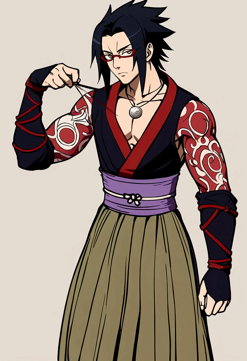 naughty man, black hair long , red glasses, olhos vermelhos featuring sharingan, uchiha clan necklace , ninja outfit, featuring , detailed design, anime styling