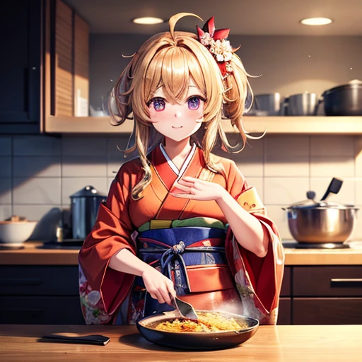 masterpiece, Highest quality, High resolution, 1girl 22 Ahoge Hair Accessory, Cooking katsudon in a kimono