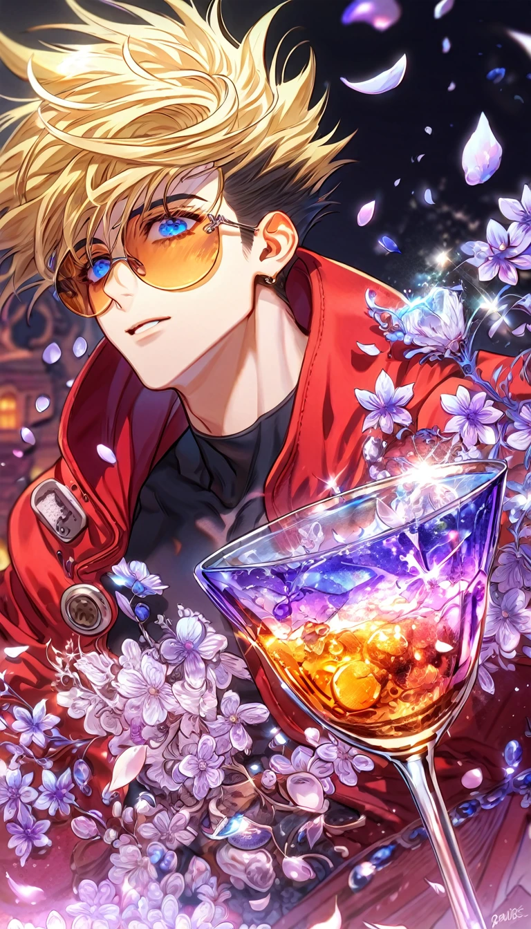 Ultra detailed, HDR, Highres, absurdres, master piece, Vash Stampede, expressive blue eyes, blond hair, red coat with a hoodie, black tight shirt, amber round sunglasses, Trigun, glass, purple ice, petals, purple ice flowers, sexy man, solo, handsome, glittering, purple glass, best quality
