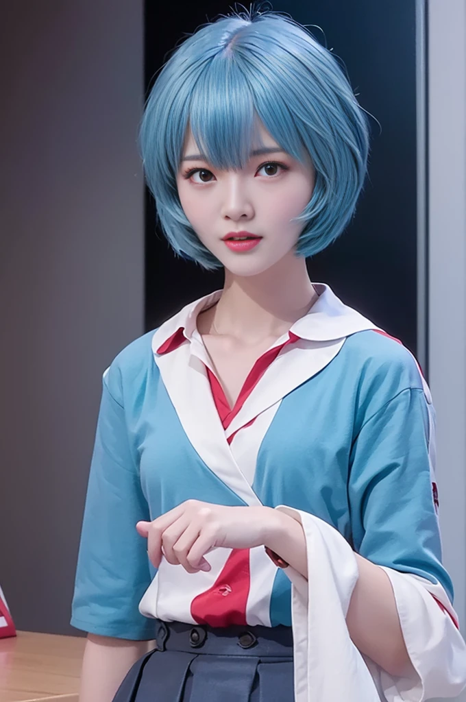 (Highest quality, High resolution, Tabletop:1.2), One Girl, ayanamirei, Bobcut, high school girl,uniform,Upper Body View、Interface Headset, background, Light blue hair color, Expressionless, Apply blush all over the face, Embarrassing, View your viewers