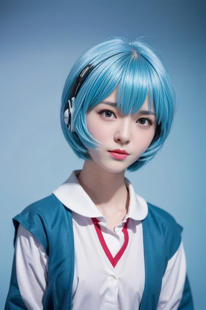 (Highest quality, High resolution, Tabletop:1.2), One Girl, ayanamirei, Bobcut, high school girl,uniform,Upper Body View、Interface Headset, background, Light blue hair color, Expressionless, Apply blush all over the face, Embarrassing, View your viewers