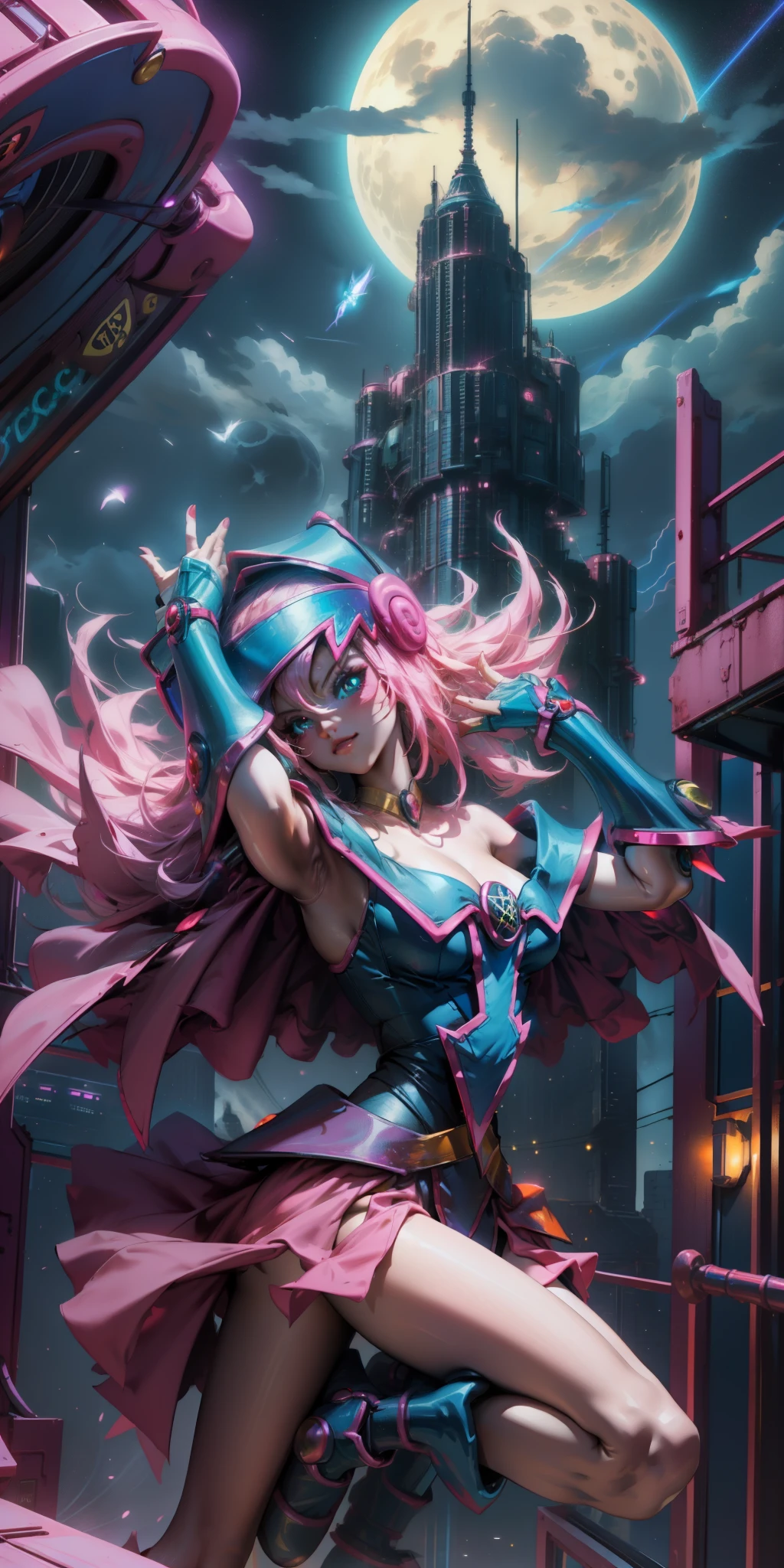 Beautiful woman dark magician girl ( neon cyberpunk ), The neon sings, neon lighting, RTX dark magician girl lighting up flying in the air. Above the city at midnight. full moon. skies of stars. Dark wizard flying