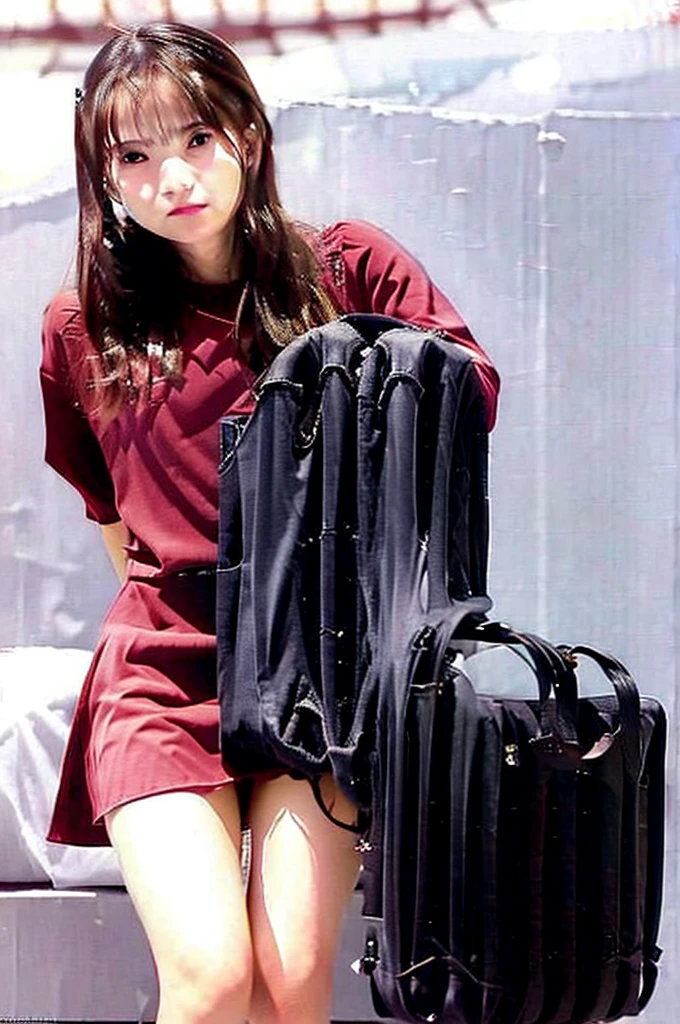 short black hair, with slightly messy bangs. Dark, penetrating brown eyes. Thin and marked build. She wears torn black shorts, blue tennis shoes, and a pink navel blouse with straps. He has an axe in his right hand and a backpack on his back. Busty.