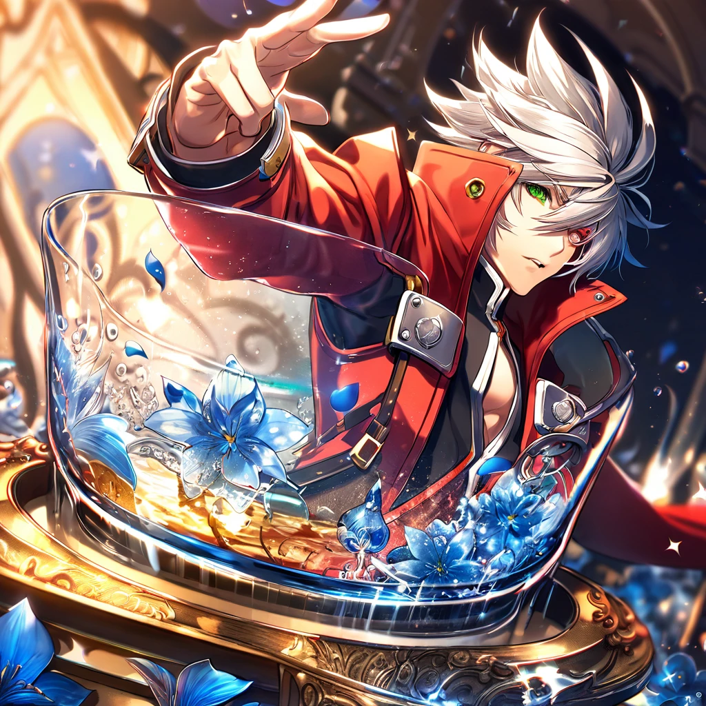 absurdres, highres, ultra detailed, HDR, master piece, best quality, extremely detailed, Ragna The Blood Edge, white hair, heterochromia, right eye red, left eye green, Blazblue, solo, sexy man, handsome, red coat, magical, fantasy, glittering, sparkling, glass, blue flowers, blue petals, water, blue moon
