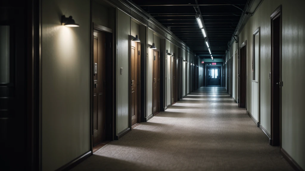 Silent, dimly lit corridor, with the mixed aroma of disinfectant and old carpet filling the air.