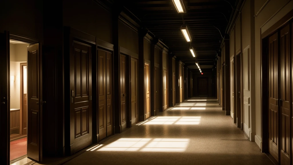 Silent, dimly lit corridor, with the mixed aroma of disinfectant and old carpet filling the air.