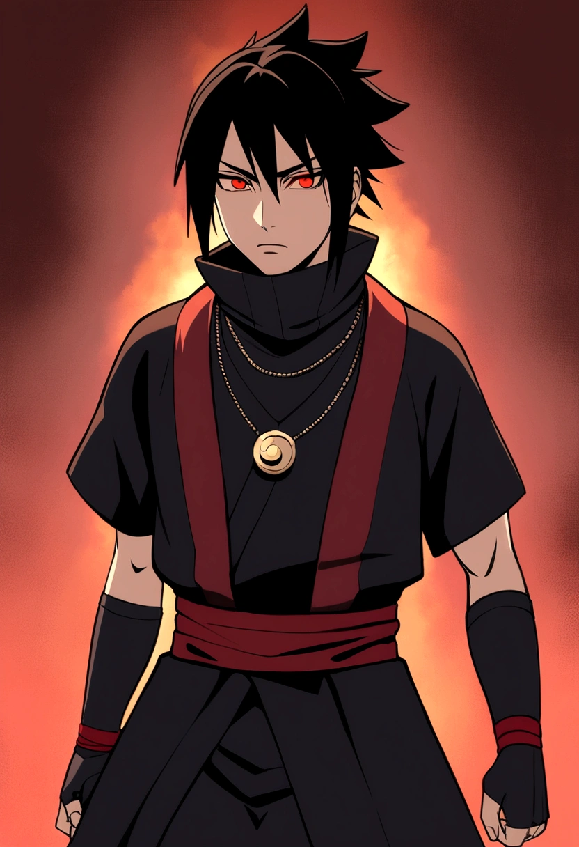 man, black hair long , red glasses, olhos vermelhos featuring sharingan, uchiha clan necklace , ninja outfit, featuring , detailed design, anime styling