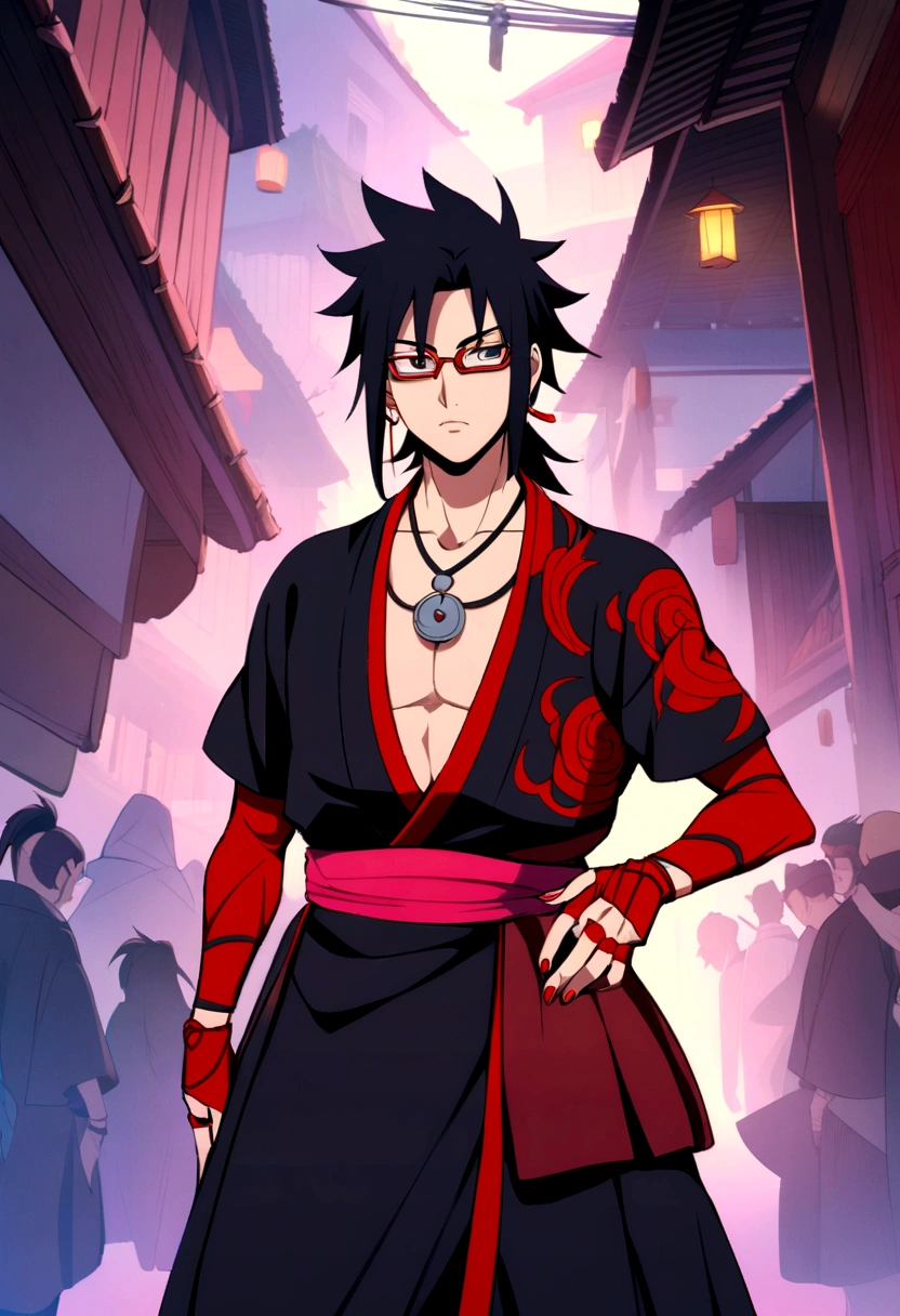 man, black hair long , red glasses, olhos vermelhos featuring sharingan, uchiha clan necklace , ninja outfit, featuring , detailed design, anime styling