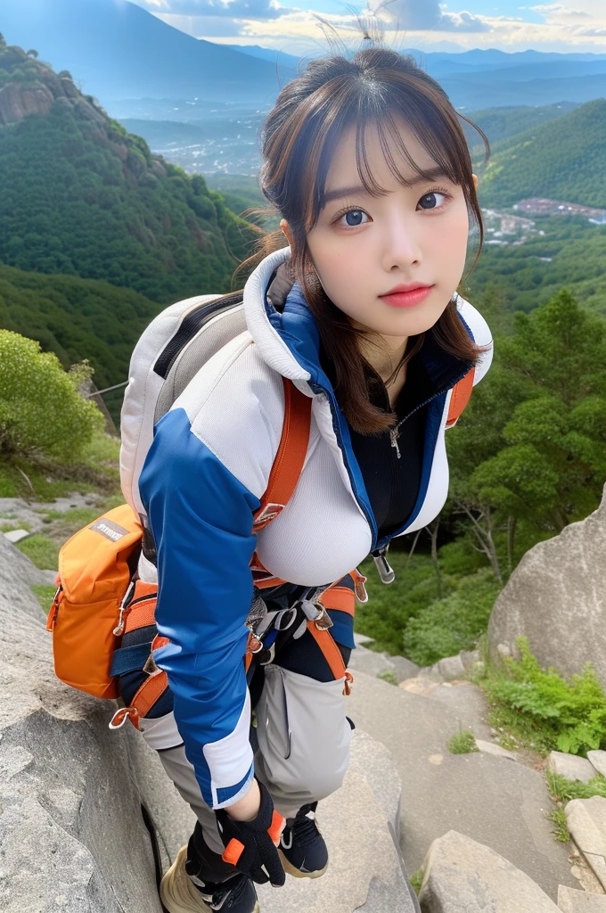 (masterpiece, ultra-detailed, ultra-realistic, best quality, clear focus), (ultra-high resolution, 8k, 16k:1.3), (full body:1.3), (very wide shot), perfect anatomy, perfect face, (detailed face, detailed eye), (18 years old Japanese girl), (wearing a professional Mountaineering wear with very large backpack:1.1), (sporty Windbreaker:1.2), (sporty outdoor boots:1.1), (professional Heavy climbing equipment:1.3), (makeup:1.1), (eyeliner:1.2), (large breasts), slim waist, (very cute with beautiful but cool face), (bad girl:1.3), (a girl is climbing a Unexplored rocky high mountain), (amazing view of snow mountain with lake and erupting volcano:1), (dynamic angle, dynamic pose:1), (very slender but muscular), broad shoulders,