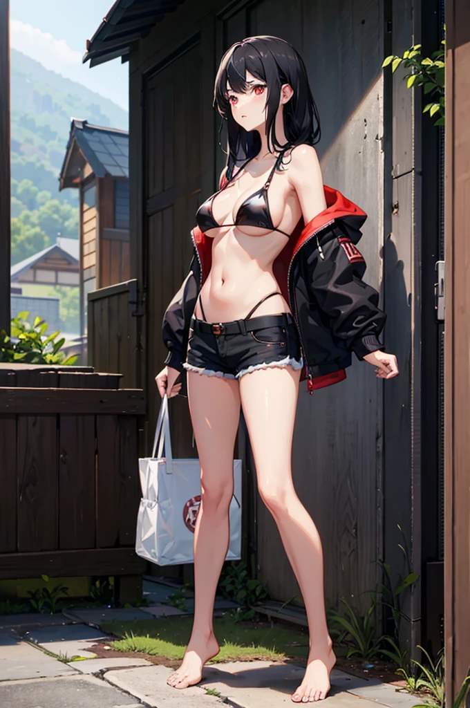 1woman, black hair, red eyes, bikini top, shorts, standing on ground, high res, ultra sharp, 8K, masterpiece