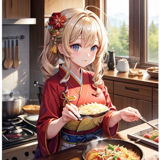 masterpiece, Highest quality, High resolution, 1girl 22 Ahoge Hair Accessory, Cooking katsudon in a kimono