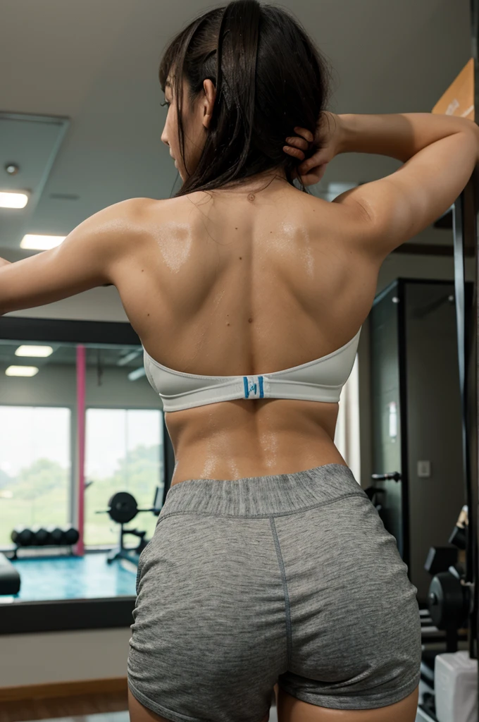 Ultra high res, 8K, best quality, perfect glossy shiny skins, detailed lighting, dramatic shadows, ray tracing, 18 years old woman, doing pull ups wearing mini skirt, topless, with asthetic body, hair in a ponytail, with her back to the viewer, showing a beautiful back, at the gym without anyone else around.