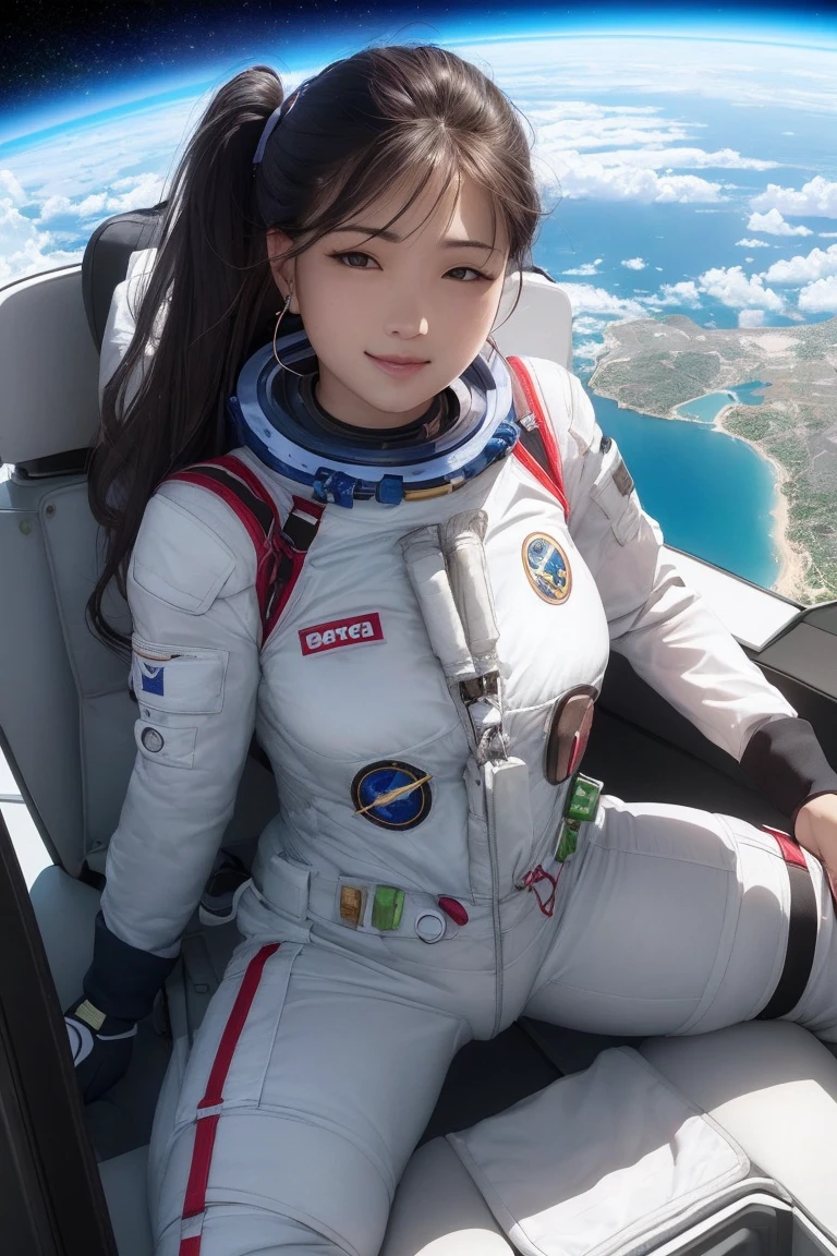 Highest quality, masterpiece, Ultra-high resolution, (Realistic: 1.4), Ultra sexy Xiuxian, smile, shy, belly button, Delicate makeup, Gorgeous Jewelry, Spacesuit, Detailed aspect, 1 Girl, White clothes, Lotus print, Maple Leaf Print, alone, (magic circle: 1.2), Xiuxian, whole body, beautiful girl, Half Body, Inside the rocket, sheath, construction, Large DD cup breasts, (Spacesuit:1.5), European Women