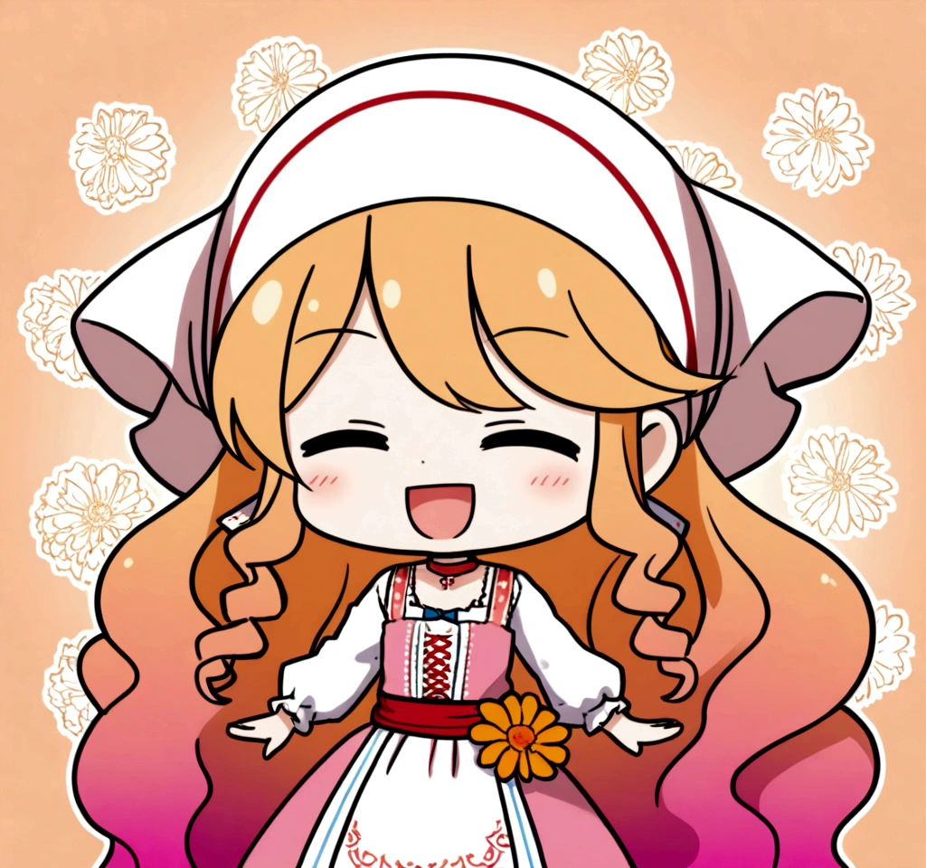 golden orange hair, gradient hair, very long hair, swept bangs, sidelocks, curly hair, wavy hair, (((((head scarf))))), head bandana, pink apron, flower in hair, marigold, orange flower, blue eyes, dirndl, pink dress, pink dirndl, long sleeves, waist apron, white apron, bow on waist, blue bow, , polish clothing, Slavic clothing, Hungarian clothing, anime, cute, flat chest, solo, exaggerated expression, chibi,(((((:3}}}}} smile, open mouth, closed eyes, xD