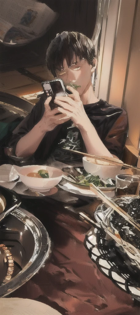 masterpiece，best quality，A man is taking a photo of a bowl of soup, eat, He was about 18 years old5岁, cai xukun, eat noodles, exclusive, He was about 18 years old, He was about 18 years old, 