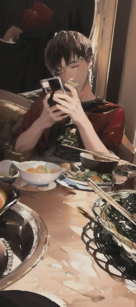 masterpiece,best quality,A man is taking a photo of a bowl of soup, eat, He was about 18 years old5岁, cai xukun, eat noodles, exclusive, He was about 18 years old, He was about 18 years old,