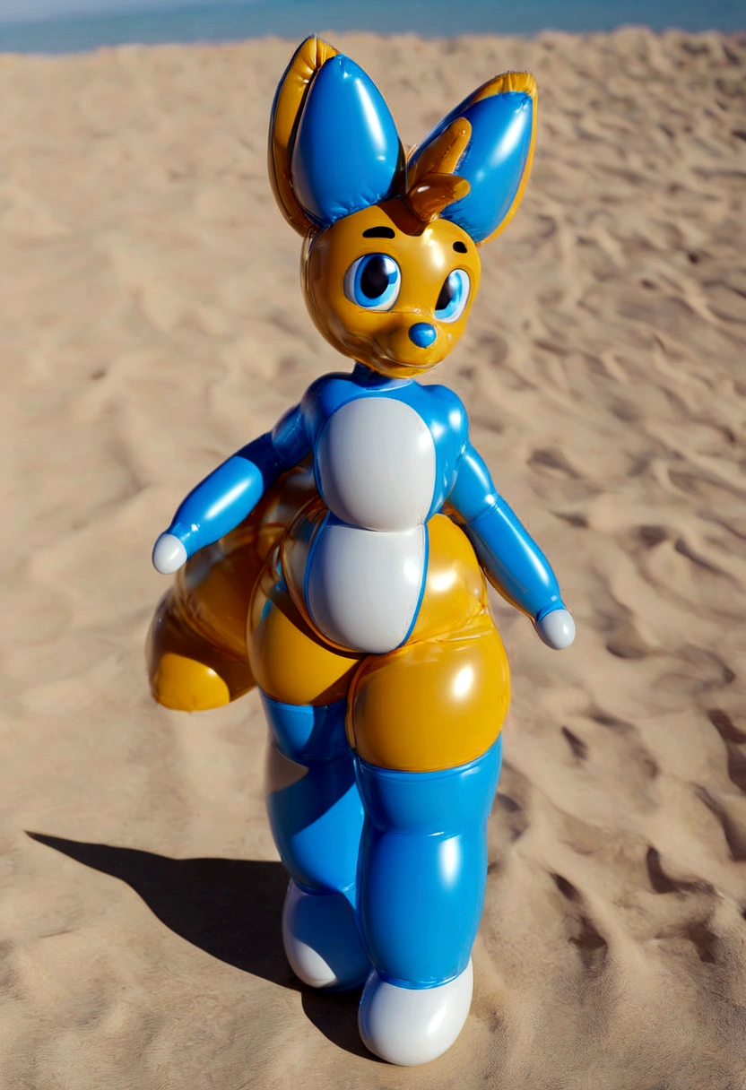 Tails Prower, furry, outside, beach, Tails Prower, Miles Prower, solo, looking at viewer, smile, 1boy, standing, full body,, rubber skin, shiny skin, rubberized skin, latex skin, latex, rubber, inflatable, living inflatable, latex inflatable, animate inanimate