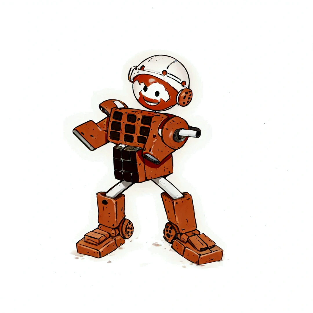 A robot smiles with a spherical head made of bricks, round ears, with a white construction helmet, the arms are made of cobblestone bricks each, shoulders made of colonial tiles, the body is made with two bricks with 9 holes in position. perpendicular, the chest showing the 9 holes and the stomach brick with 9 holes on the side, legs made of 2 PVC pipes, calves made of colonial tiles, feet made of bricks with 12 holes