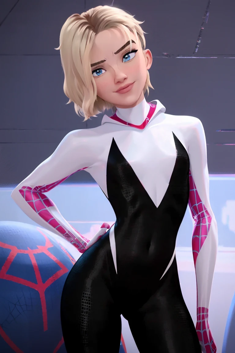 (Best Quality, Masterpiece),sexy, erotic, 1girl, 18 years old, Contempt, pride, short hair, ((blue eyes)), looking at viewer, looking at viewer, warm light, holes in costume, skin visible, leans heavily towards the viewer, ((( torn Gwen spider costume))), ((squating)), hands behind head, (small breasts), wide hips, thick tights, small butt, ((smirk)), (bend over), nipples visible