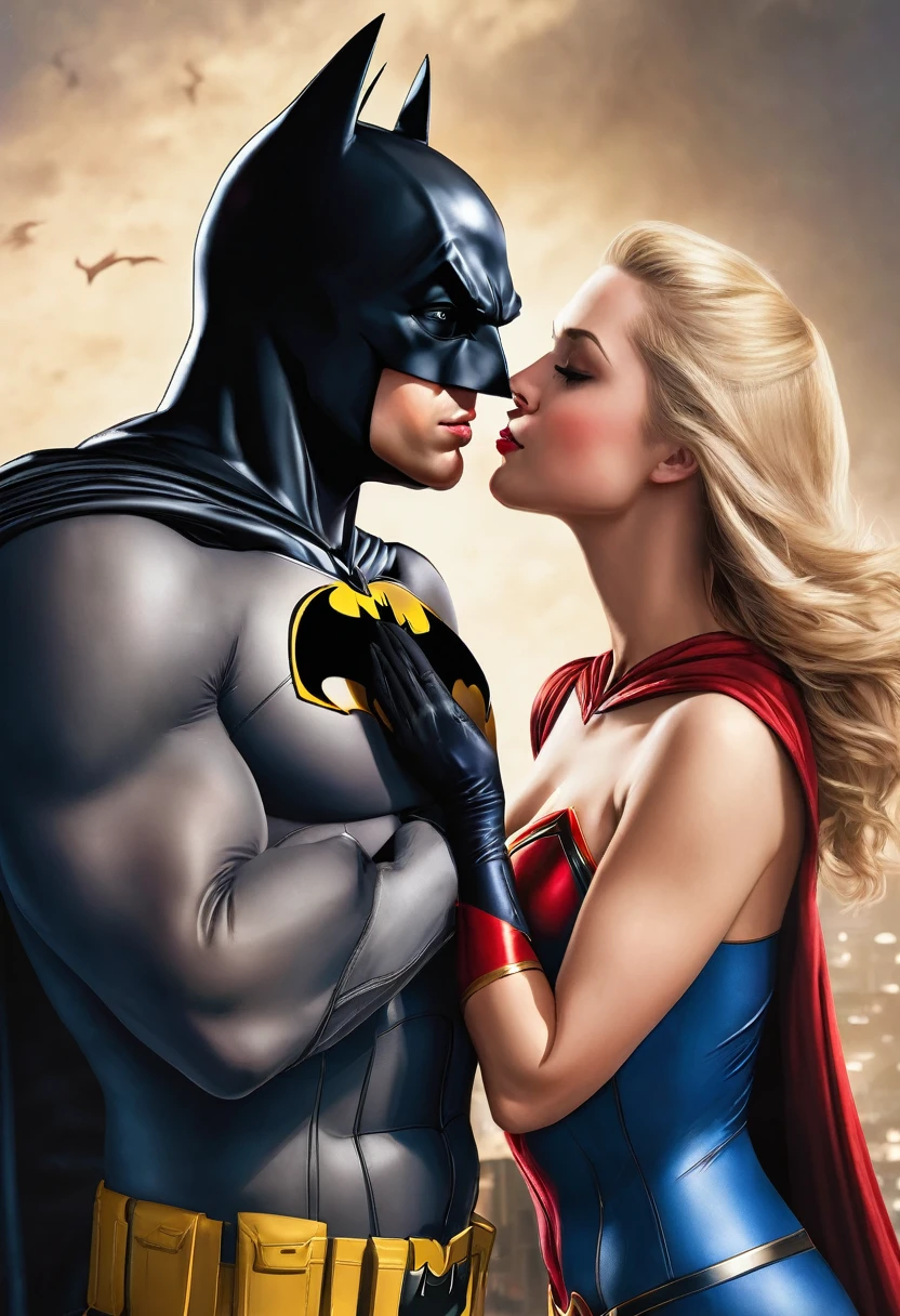 Hyper realistic image of Super Girl kissing Batman. Batman's erect penis is visible on his suit. Super Girl has her hand on Batman's penis. Super Girl is blonde, she has a fit body and her breasts are big since they have surgery. Batman is touching Super Girl's breast.