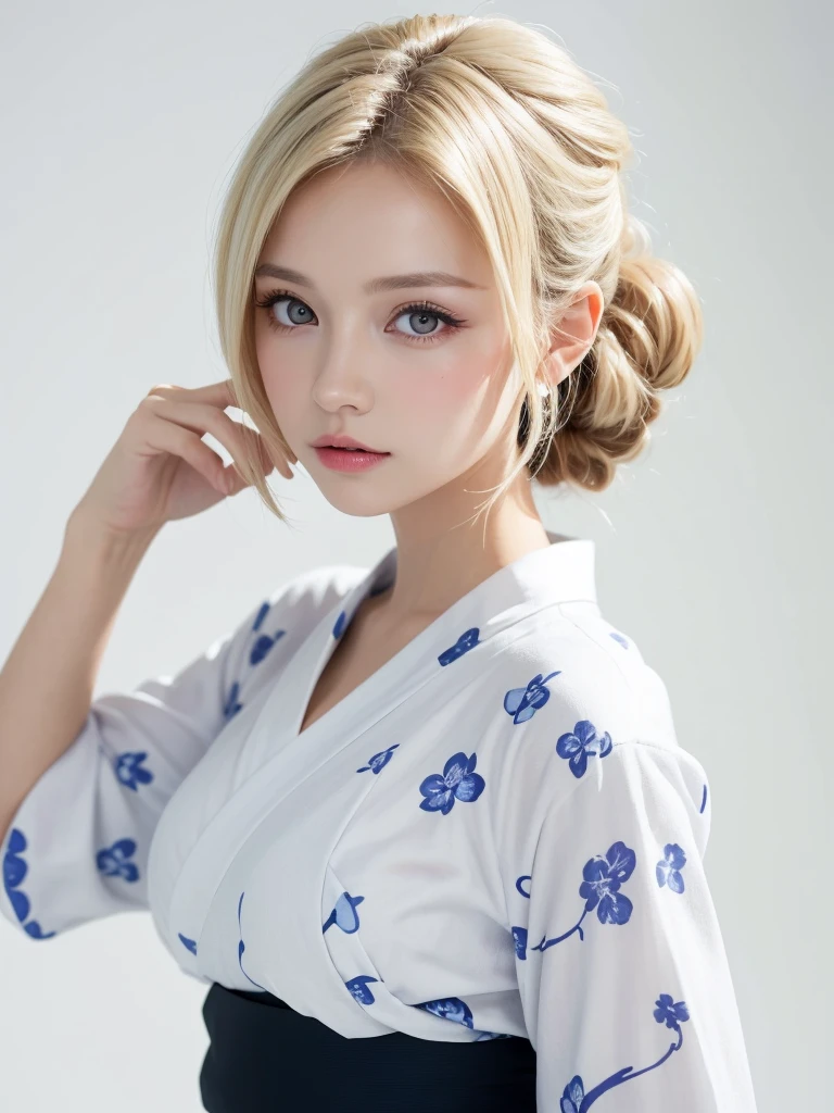 (((forehead、White Blonde Hair、Northern Europe、White people、beautiful girl、Blonde、White background、yukata、Chignon)))、table top, highest quality, figure, super detailed, finely, High resolution, 8k wallpaper, Perfect dynamic composition, detailed and beautiful eyes, Deco out,bionde, medium hair, big breasts, Natural color lip,white background, random cute poses,frill dress