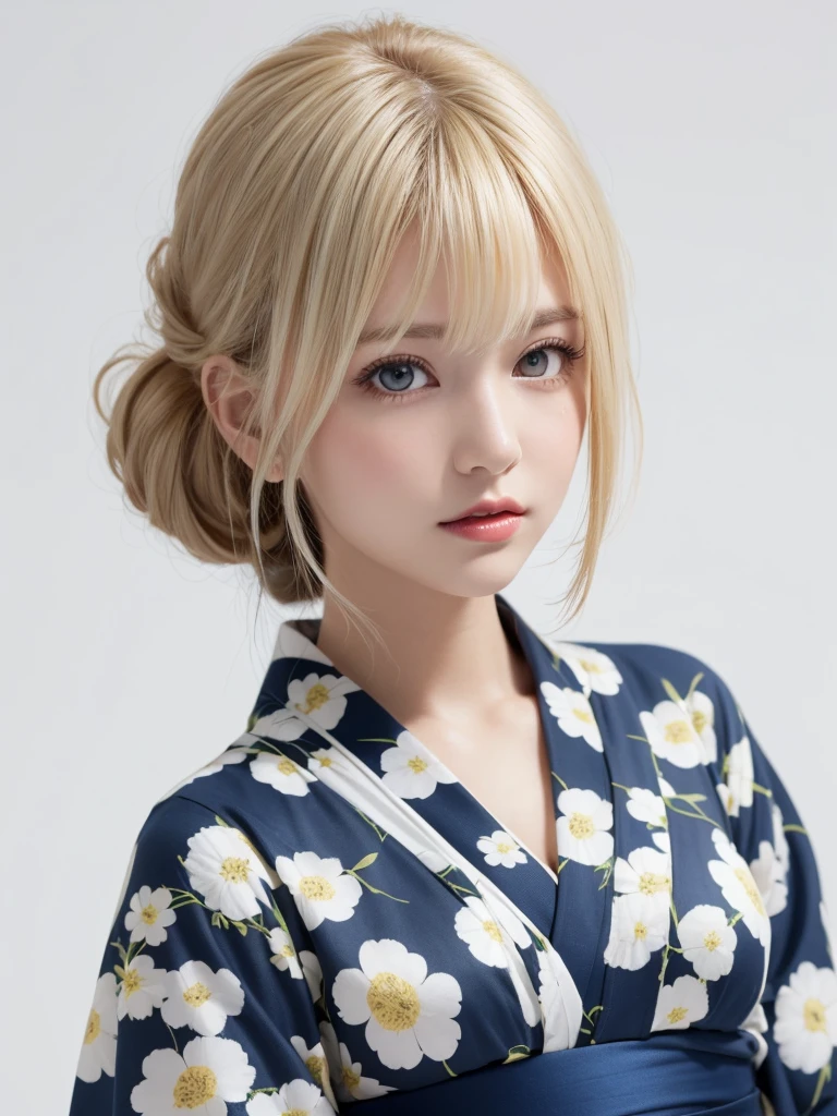 (((forehead、White Blonde Hair、Northern Europe、White people、beautiful girl、Blonde、White background、yukata、Chignon)))、table top, highest quality, figure, super detailed, finely, High resolution, 8k wallpaper, Perfect dynamic composition, detailed and beautiful eyes, Deco out,bionde, medium hair, big breasts, Natural color lip,white background, random cute poses,frill dress