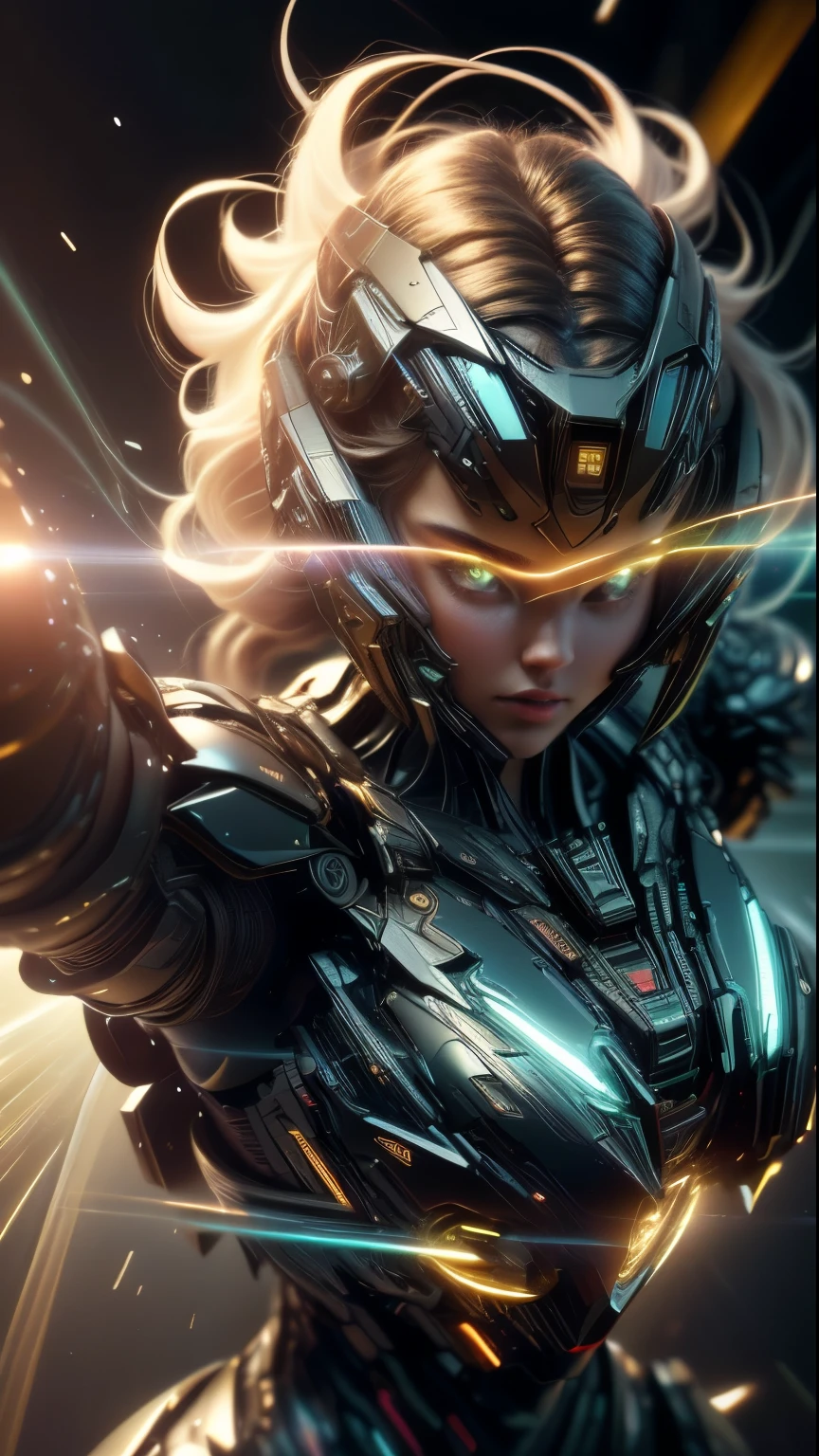 ((best quality)), ((masterpiece)), (detailed: 1.4), ....3D, A photo of a beautiful woman in thick neon and protective armor with generative helmet and voluminous cyberpunk hair., light particles , Pure energy, chaos, anti-tech, HDR (High Dynamic Range), Ray tracing, NVIDIA RTX, Super resolution, Unreal 5, subsurface scattering, textured PBR, post-processing, Anisotropic filtering, depth of field, Maximum clarity and sharpness, Textures multi-layer, Albedo and specular maps, surface shading, Accurate simulation of the interaction between light and material, perfect proportions, octane rendering, two-tone lighting, wide aperture, low ISO, white balance, Rule of Thirds ,RAW 8K
